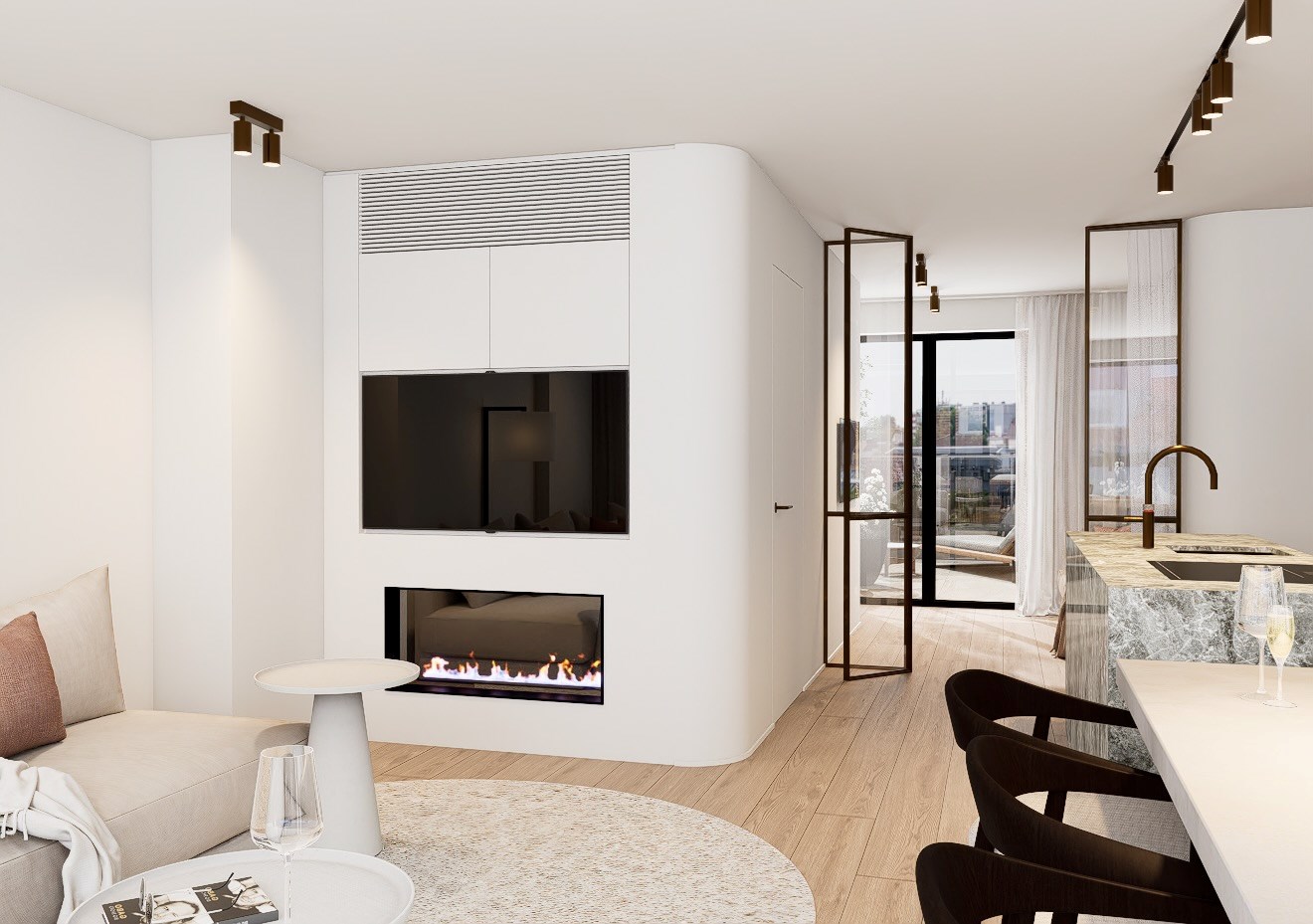 Uniek penthouse-appartement voorzien van gigantische terrassen aan de voorzijde en achterzijde (Mog. tot aankoop van een inpandige garage). 