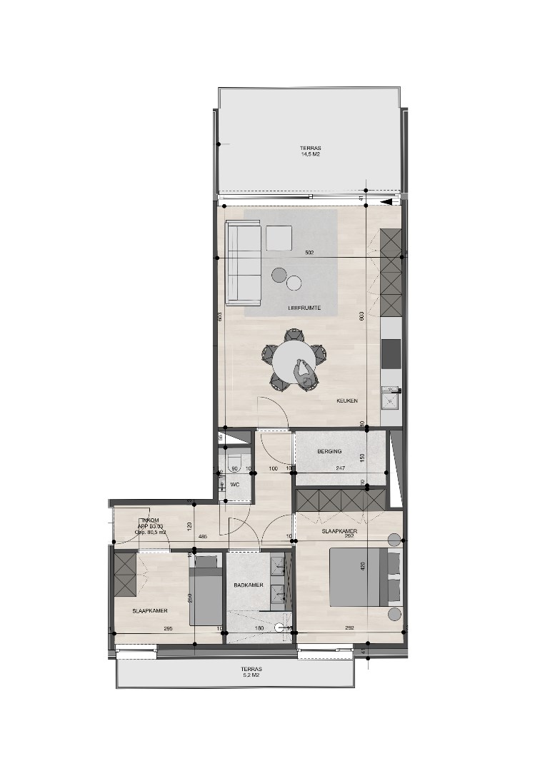 Appartement op de 3de verdieping van 80,50m&#178; met twee slaapkamers 