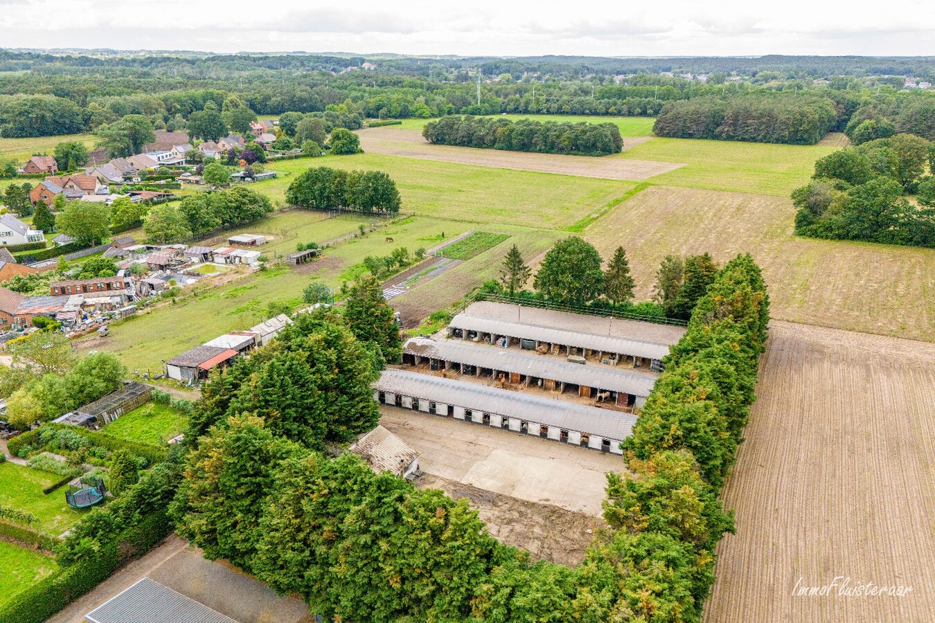 Paardenaccommodatie met 46 stallen, buitenpiste en hangaar op ca. 55 are te Linkhout (Lummen) 