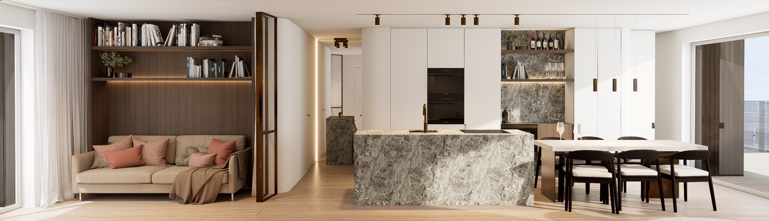 Uniek penthouse-appartement voorzien van gigantische terrassen aan de voorzijde en achterzijde (Mog. tot aankoop van een inpandige garage). 