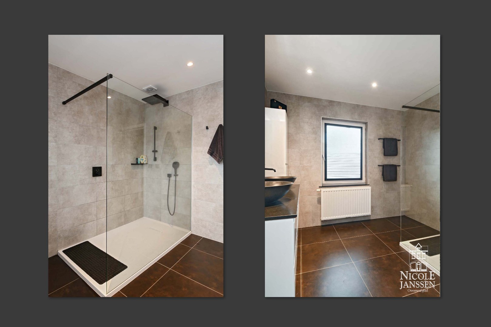 Vernieuwde en betegelde badkamer met dubbele wastafel en grote inloopdouche