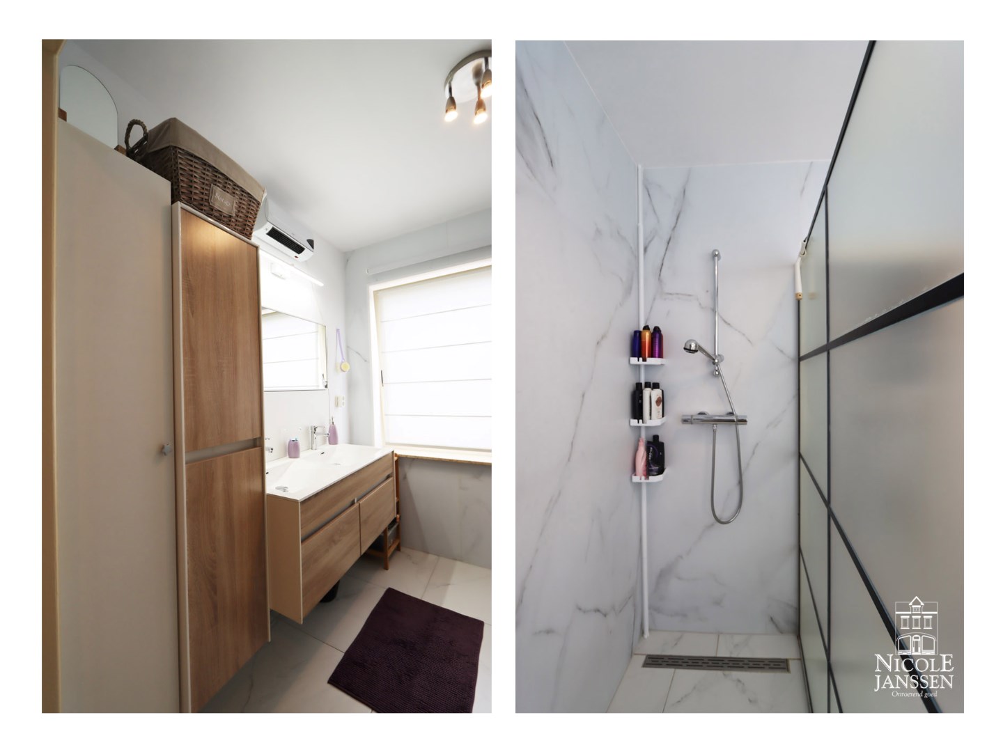 Badkamer met inloopdouche en dubbele wastafel