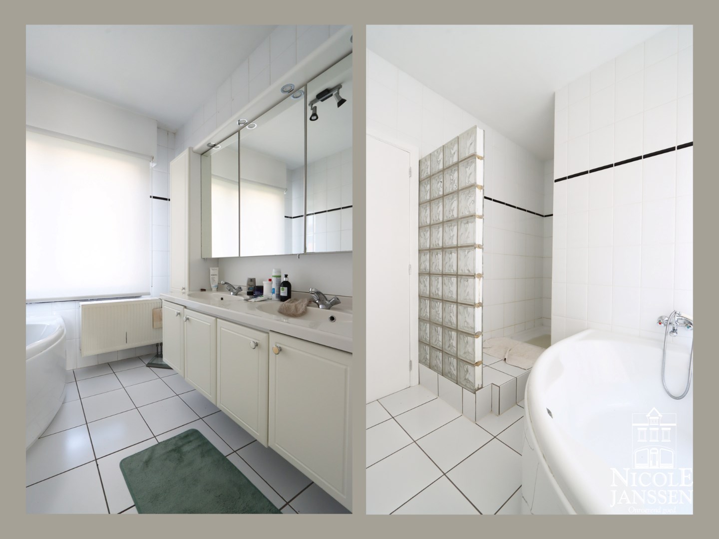 Badkamer met hoekbad, inloopdouche en dubbele wastafel