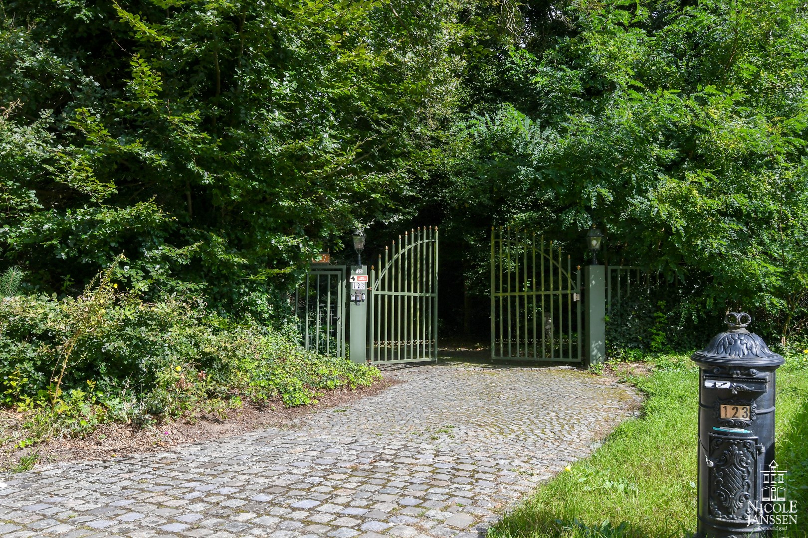 Domein is afgesloten door automatisch hekwerk aan de straatzijde 