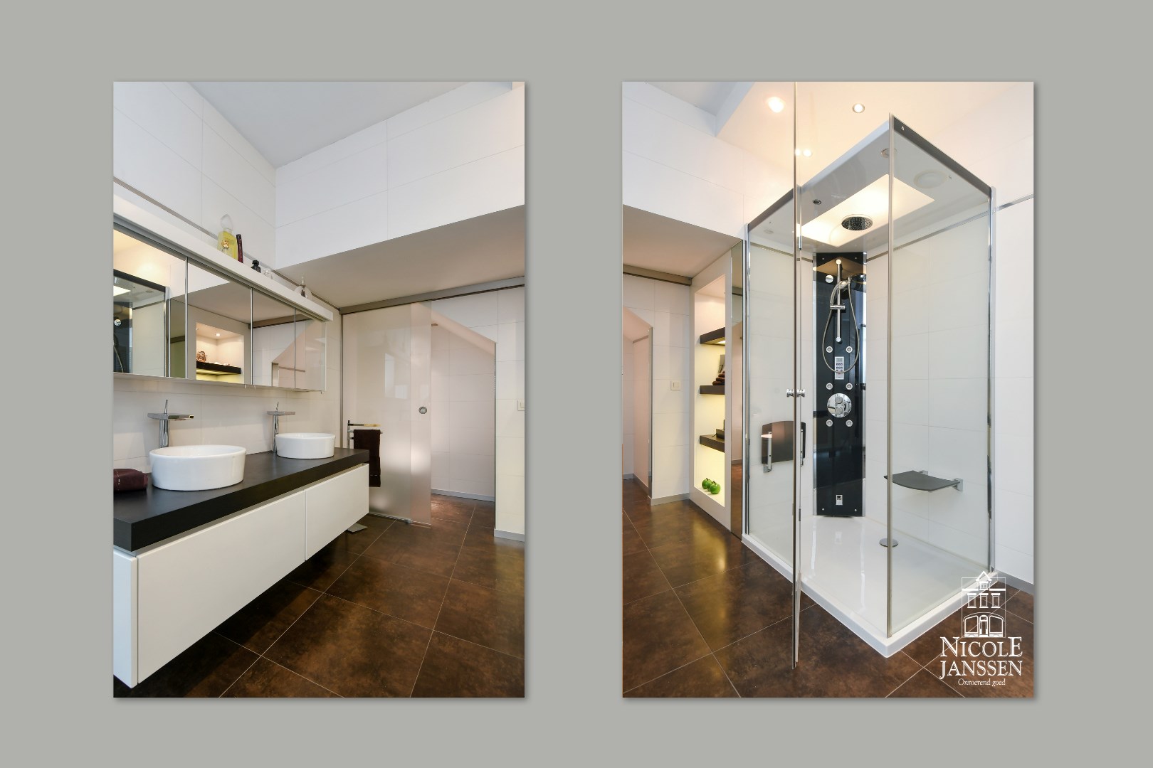 Luxe badkamer met stoomcabine, dubbele wastafel en apart toilet