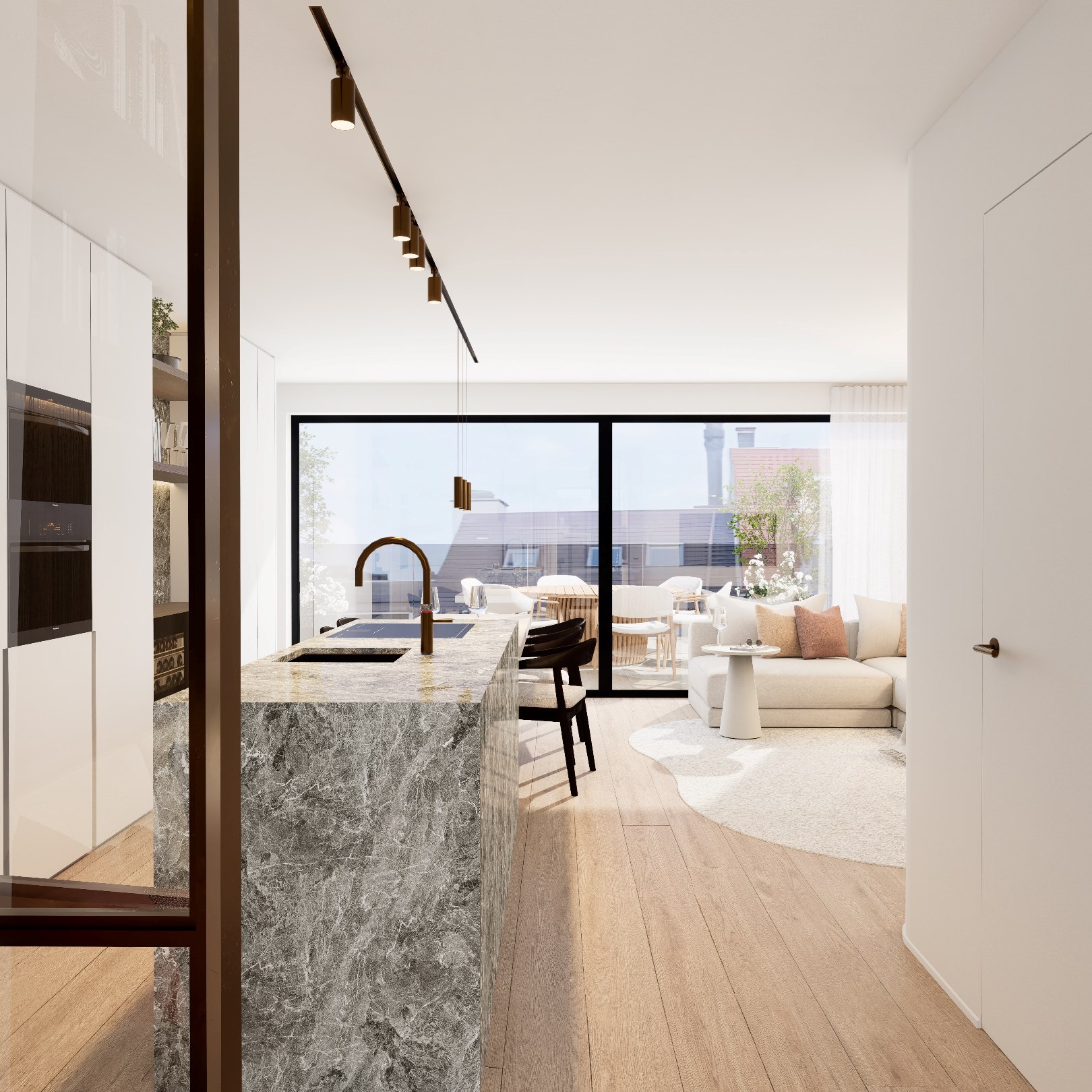 Uniek penthouse-appartement voorzien van gigantische terrassen aan de voorzijde en achterzijde (Mog. tot aankoop van een inpandige garage). 