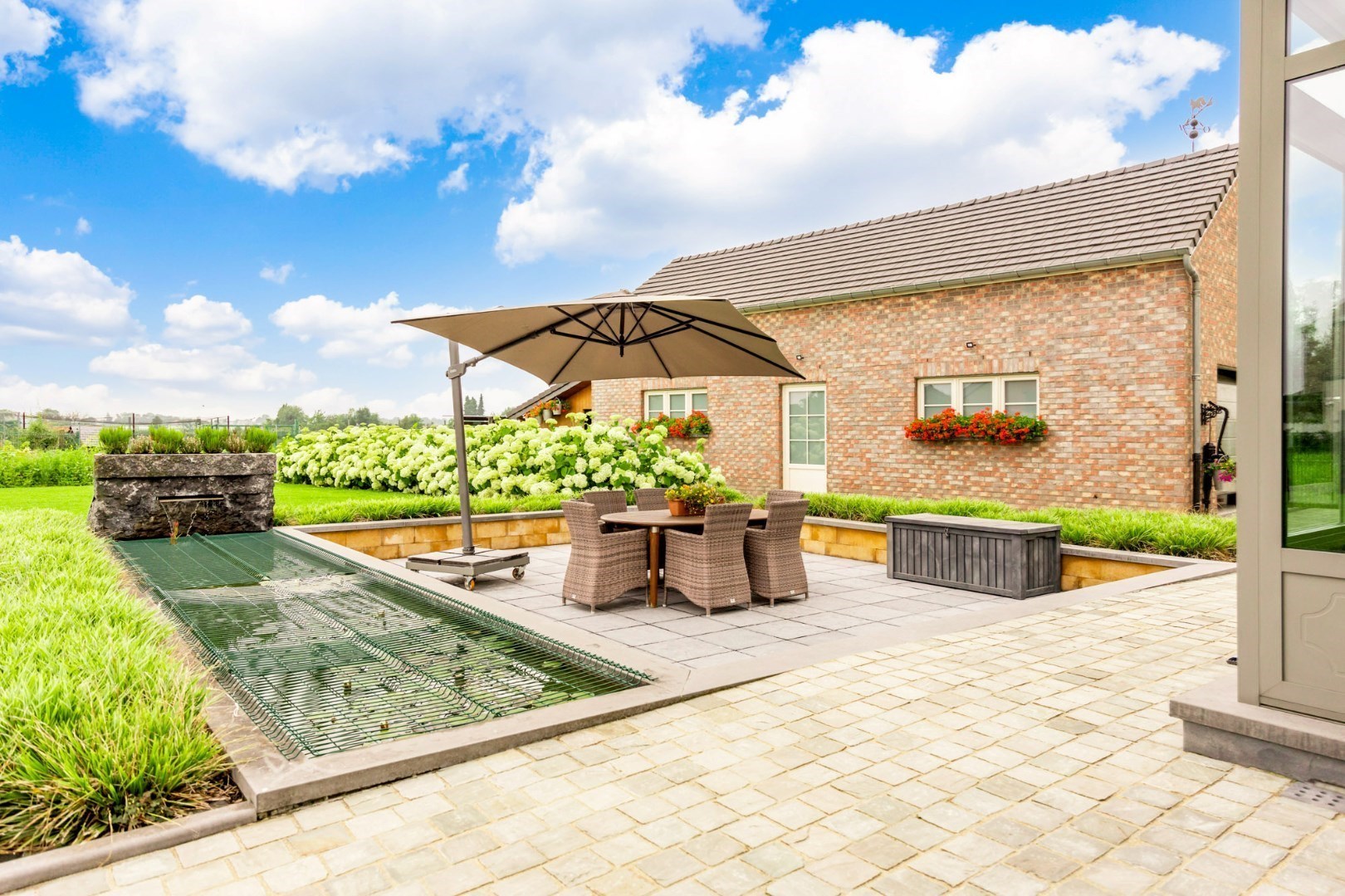 terras met vijver