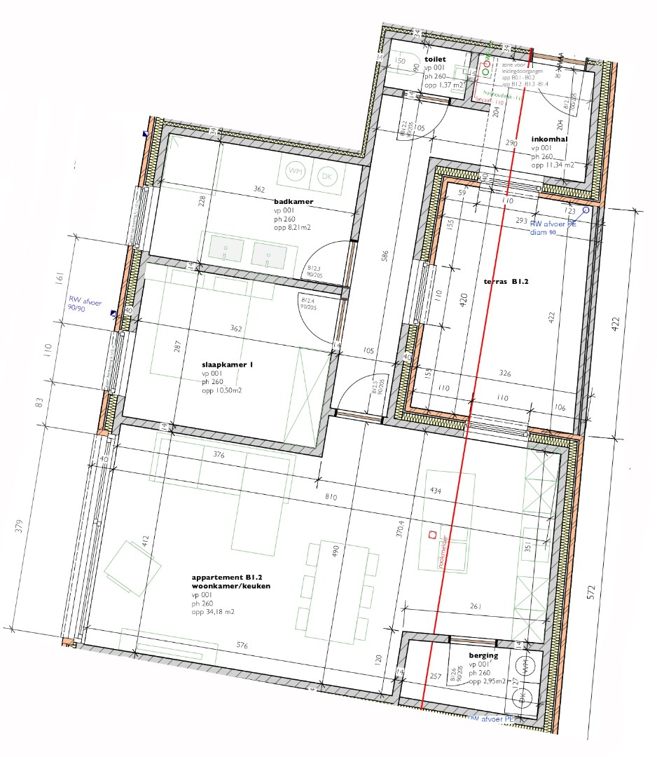 Appartement op de eerste verdieping (B1.2)  van 86,43m&#178; met 1 slaapkamer en terras 