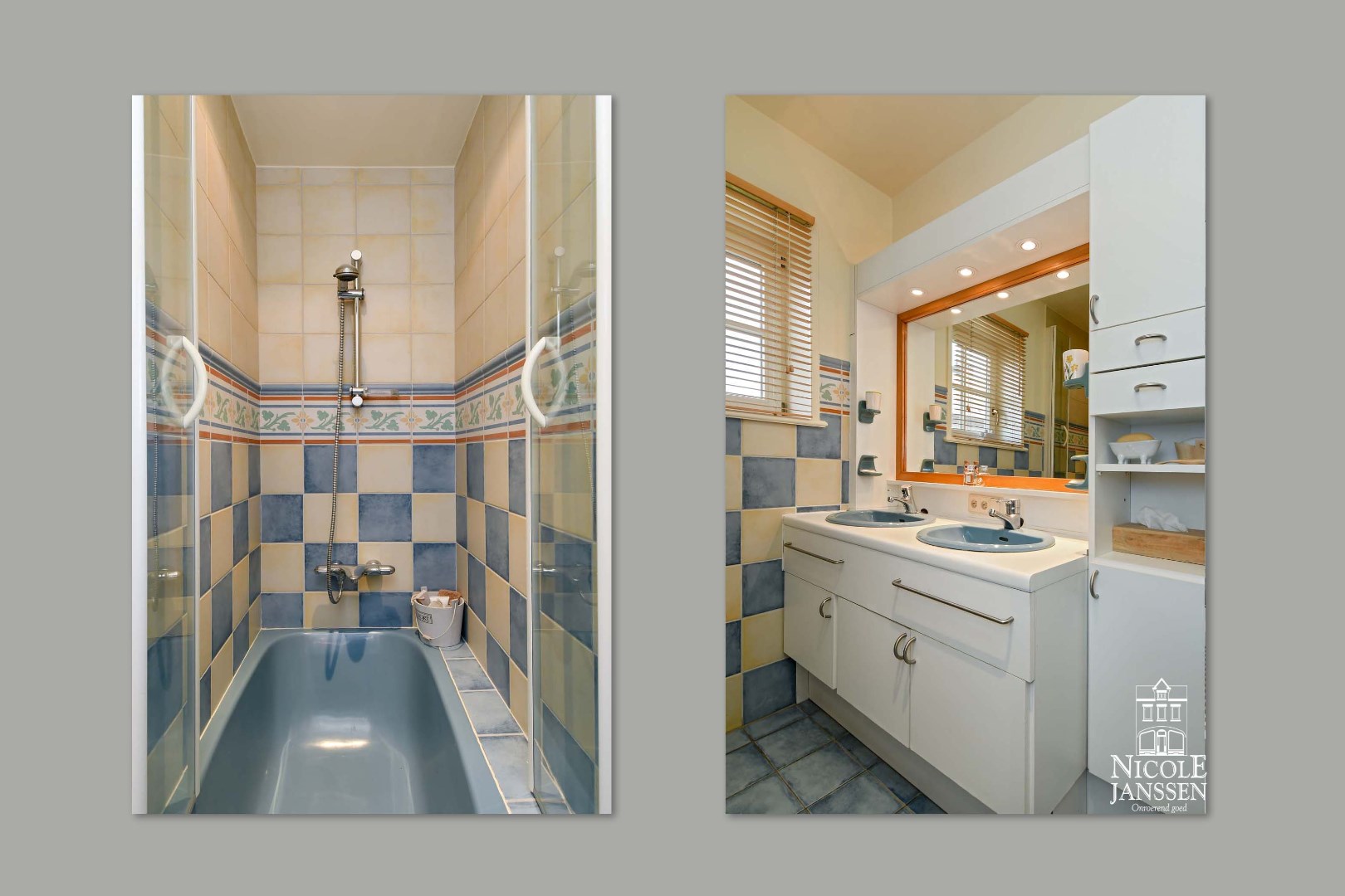 Tweede badkamer met douche en dubbele wastafel