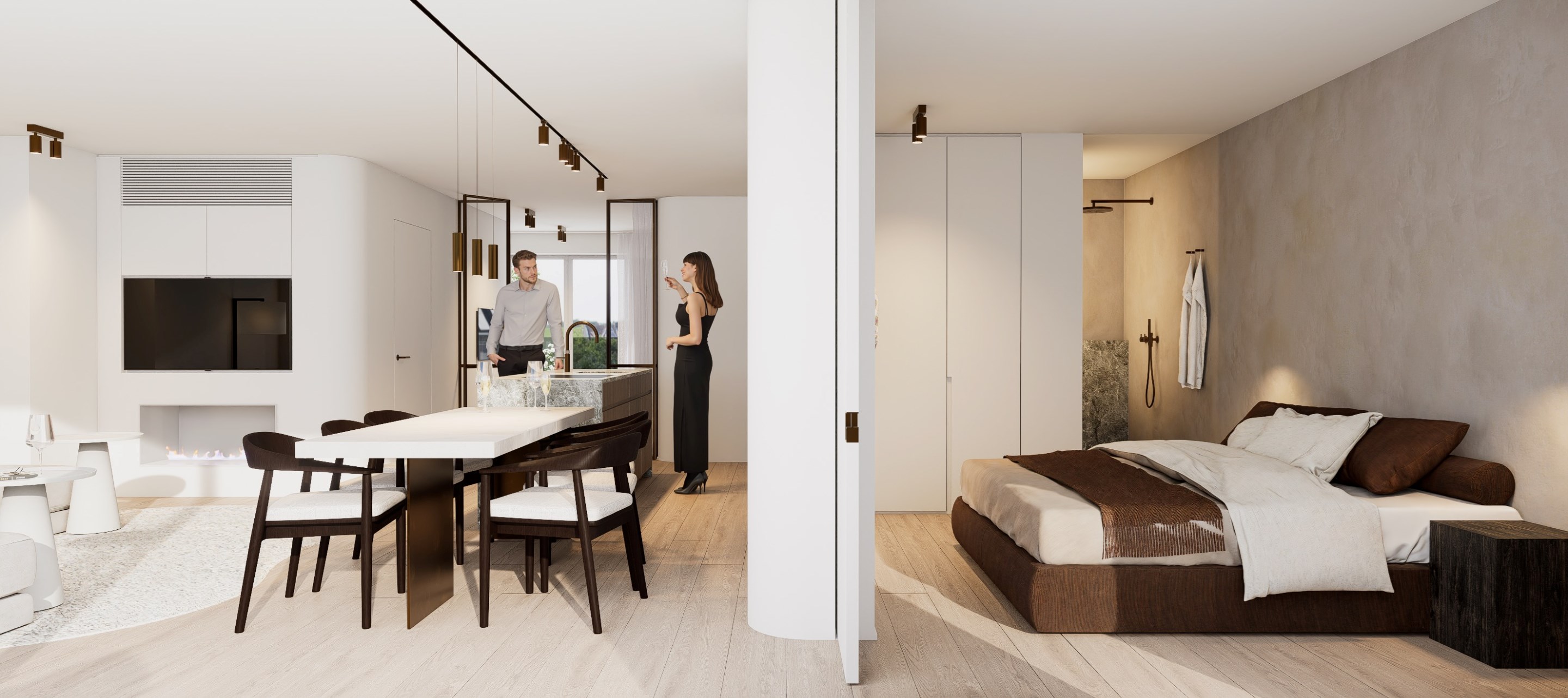 Uniek penthouse-appartement voorzien van gigantische terrassen aan de voorzijde en achterzijde (Mog. tot aankoop van een inpandige garage). 