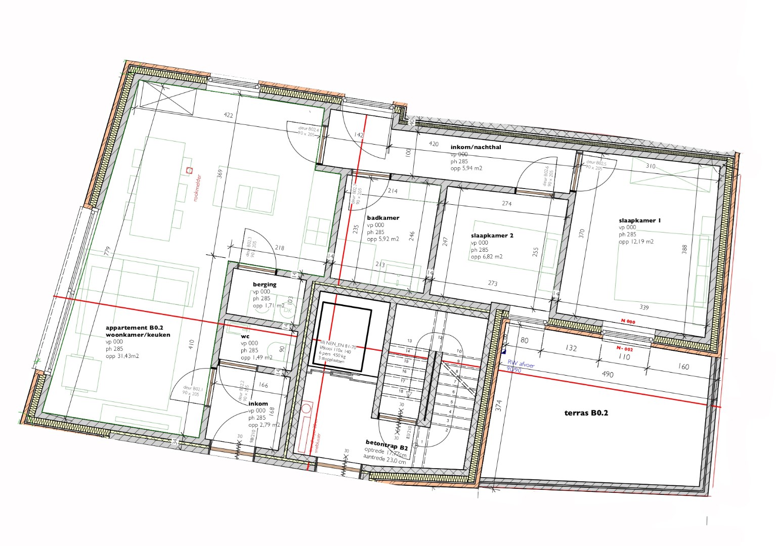 Gelijkvloers appartement (B0.2)  van 85,27m&#178; met 2 slaapkamers en terras 