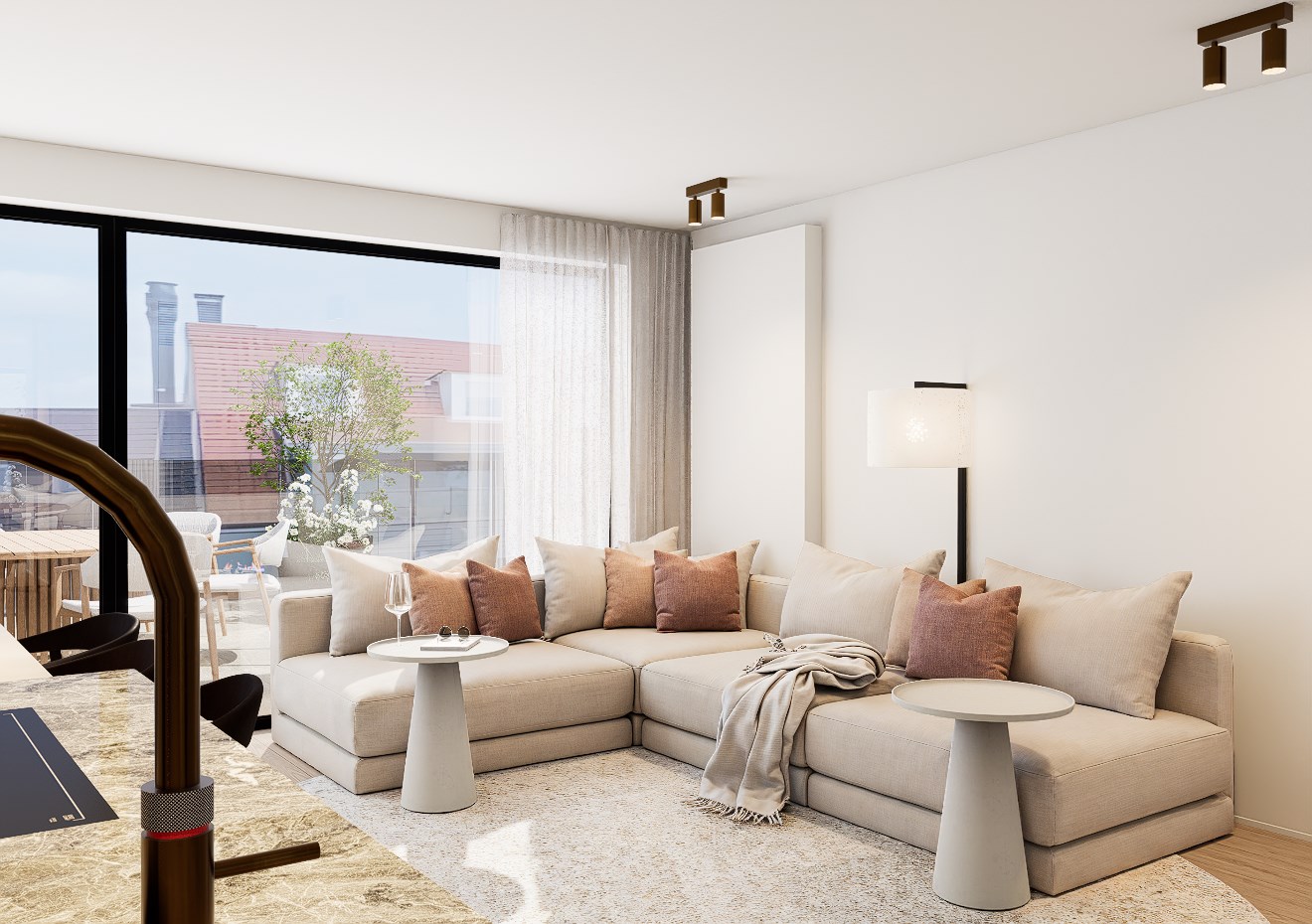 Uniek penthouse-appartement voorzien van gigantische terrassen aan de voorzijde en achterzijde (Mog. tot aankoop van een inpandige garage). 