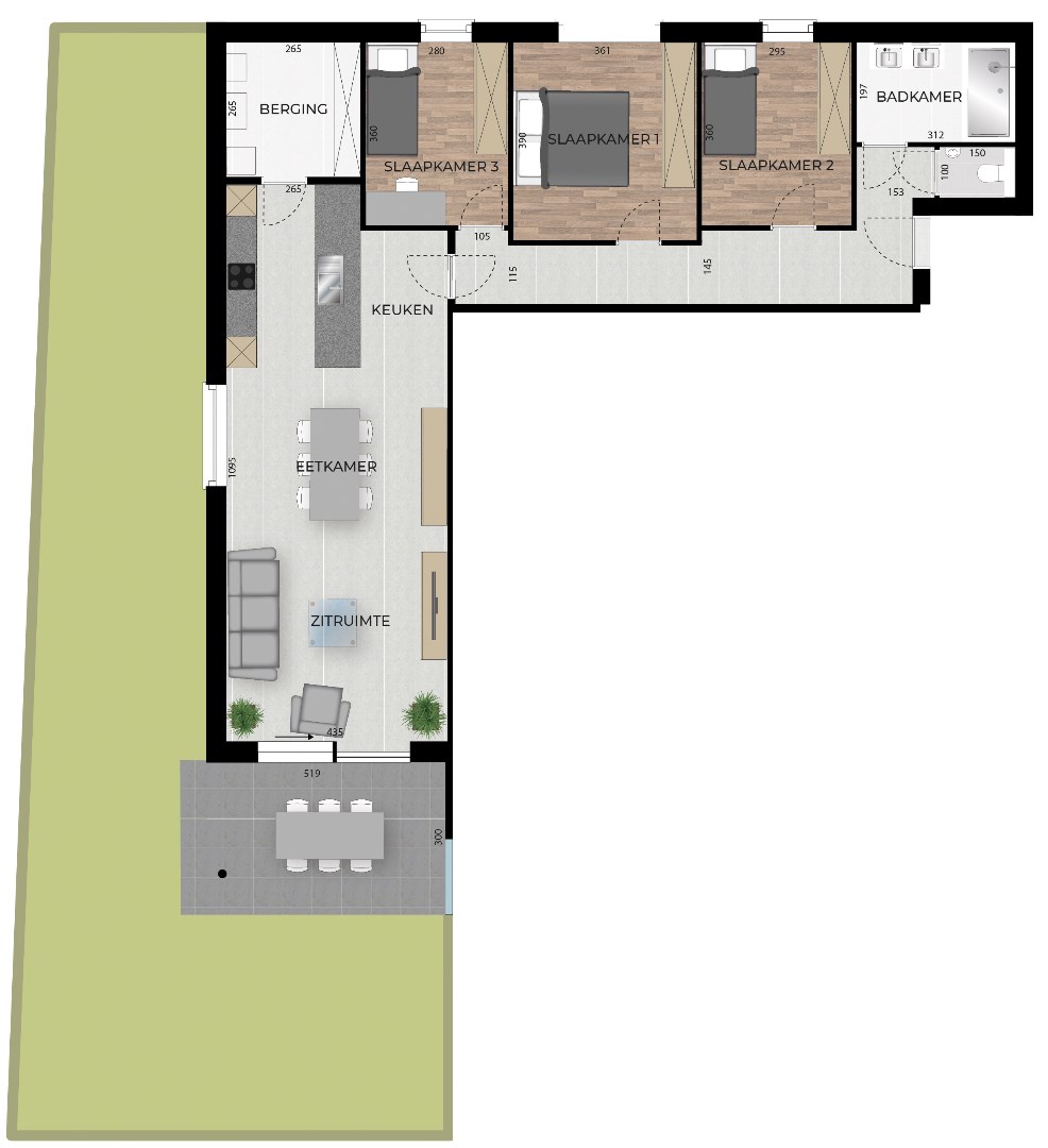 Gelijkvloers BEN-appartement met 3 slpks, terras en tuin. 
