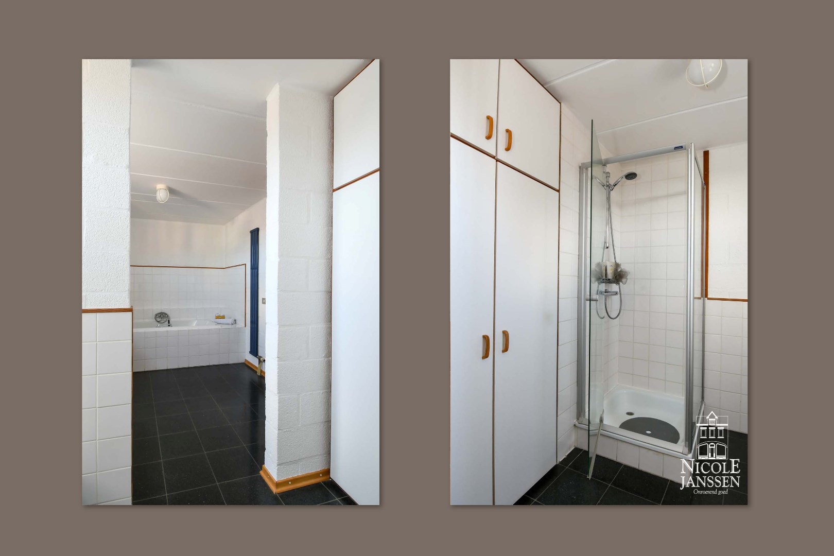 Badkamer met ligbad, douche en twee wastafels