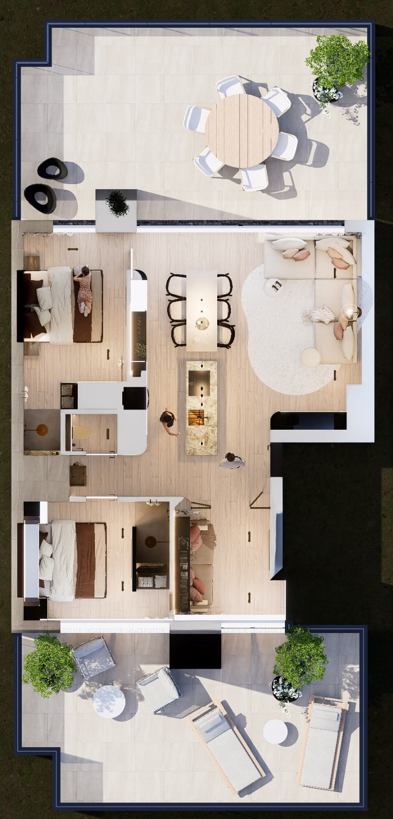 Uniek penthouse-appartement voorzien van gigantische terrassen aan de voorzijde en achterzijde (Mog. tot aankoop van een inpandige garage). 