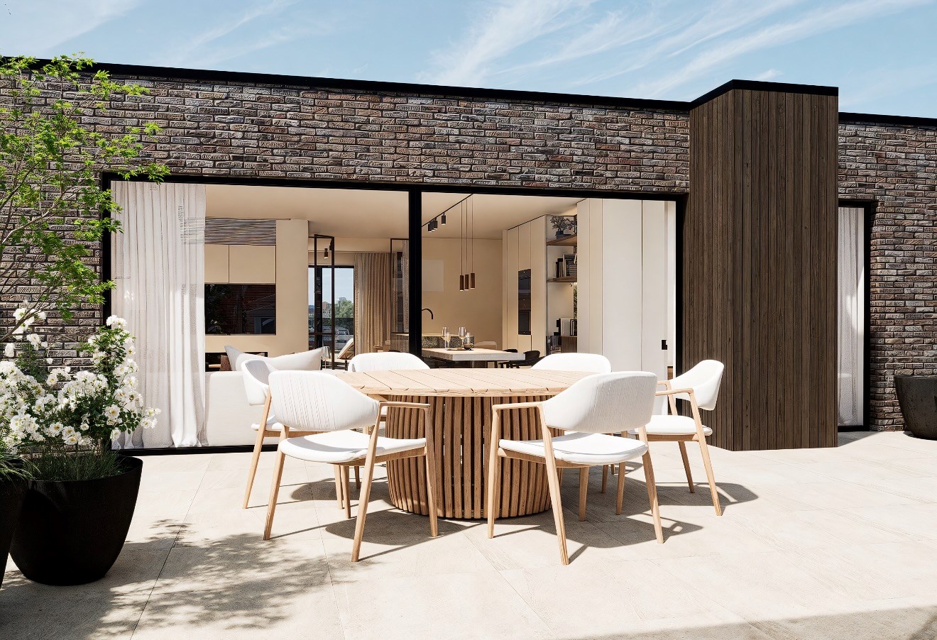 Uniek penthouse-appartement voorzien van gigantische terrassen aan de voorzijde en achterzijde (Mog. tot aankoop van een inpandige garage). 