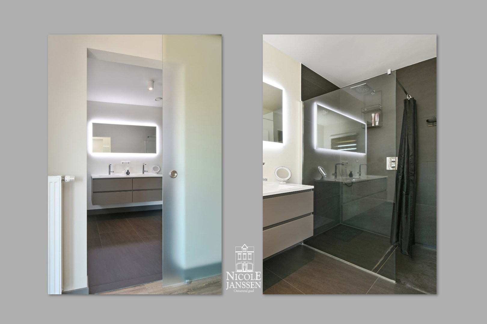 Badkamer met inloopdouche, toilet en dubbele lavabo in badkamermeubel
