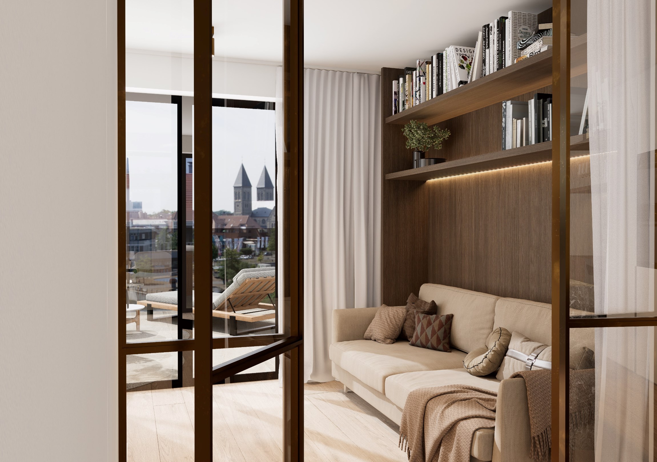 Uniek penthouse-appartement voorzien van gigantische terrassen aan de voorzijde en achterzijde (Mog. tot aankoop van een inpandige garage). 
